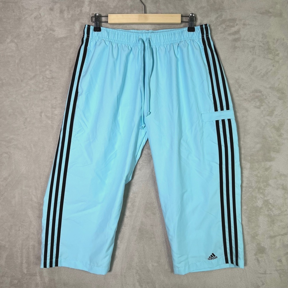 Vintage 2005 Adidas Womens L Blue 3 Stripe Cropped Warm Up Track Pants Capri Y2K